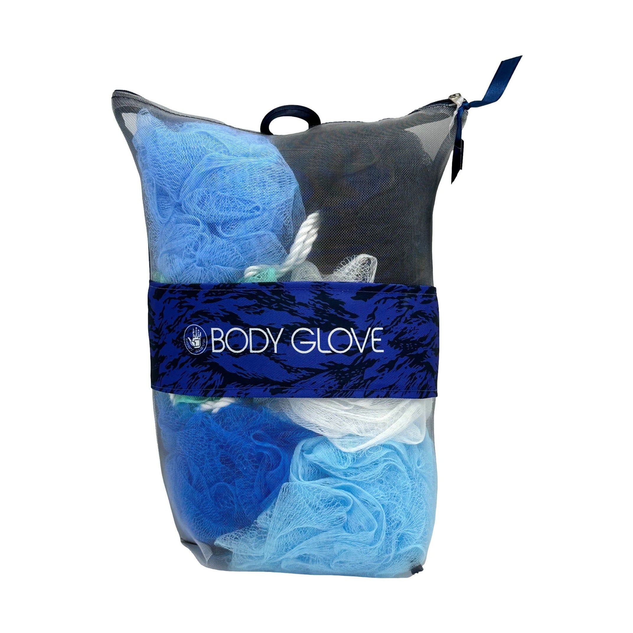 A package of Body Glove bath sponges in a mesh bag.